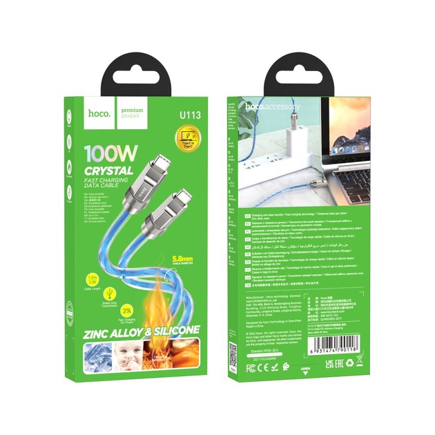Кабель HOCO U113 Solid 100W silicone charging data cable Type-C to Type-C Blue - Зображення 4